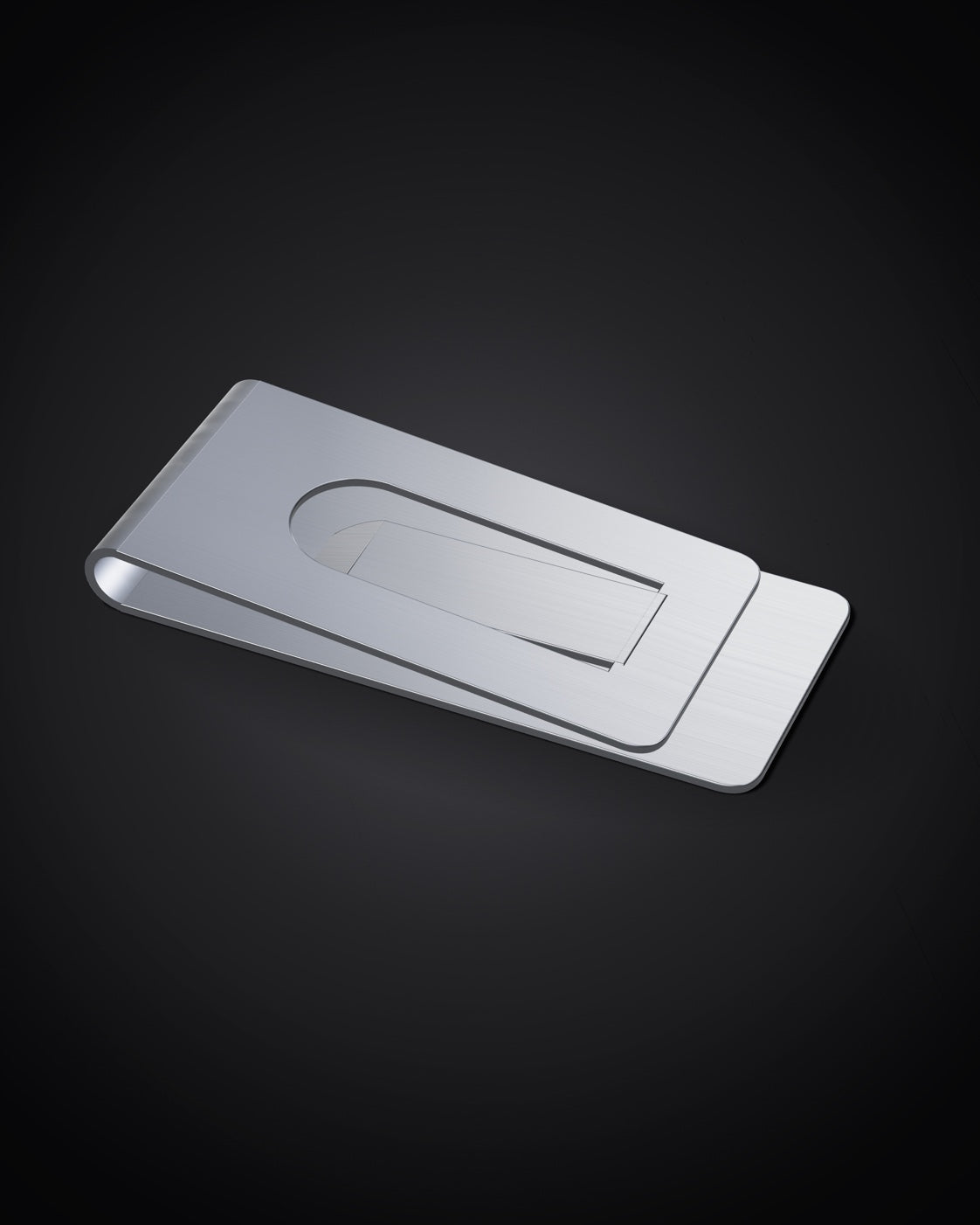 Mozane No. 2, brushed silver stainless steel money clip on a dark background