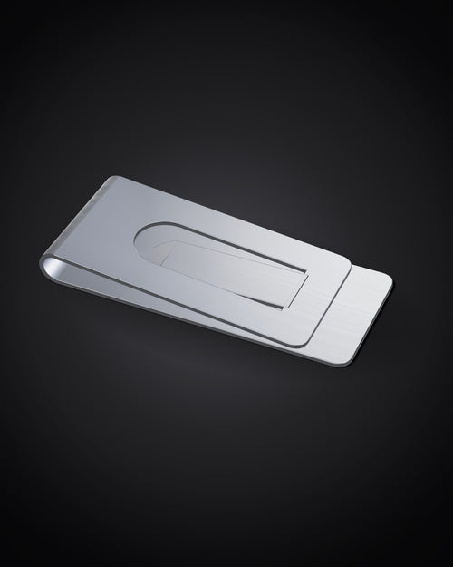 Mozane No. 2, brushed silver stainless steel money clip on a dark background